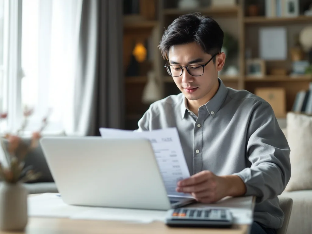 Korean apartment owner looking up official property price on laptop with tax notice and calculator, realistic editorial photo no text