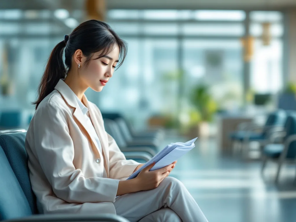 Korean clinic waiting room patient checking identification documents before appointment
