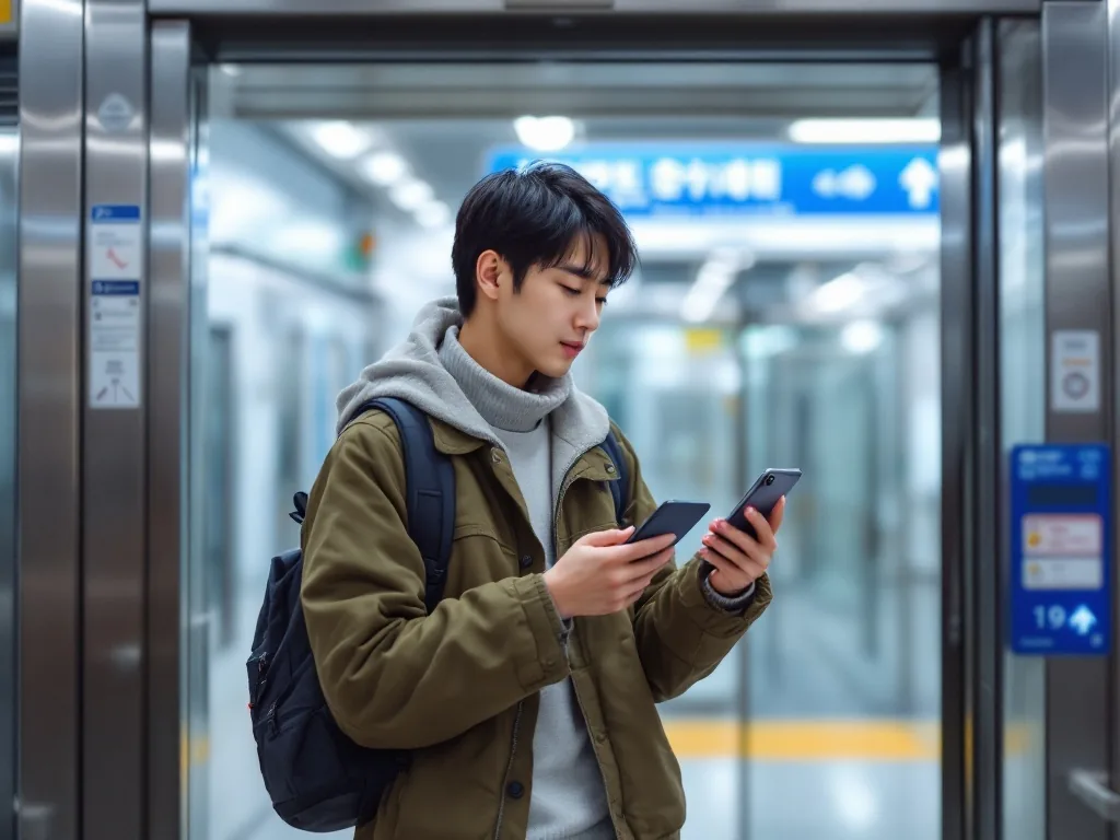 Korean commuter holding transit card and smartphone at subway station gate