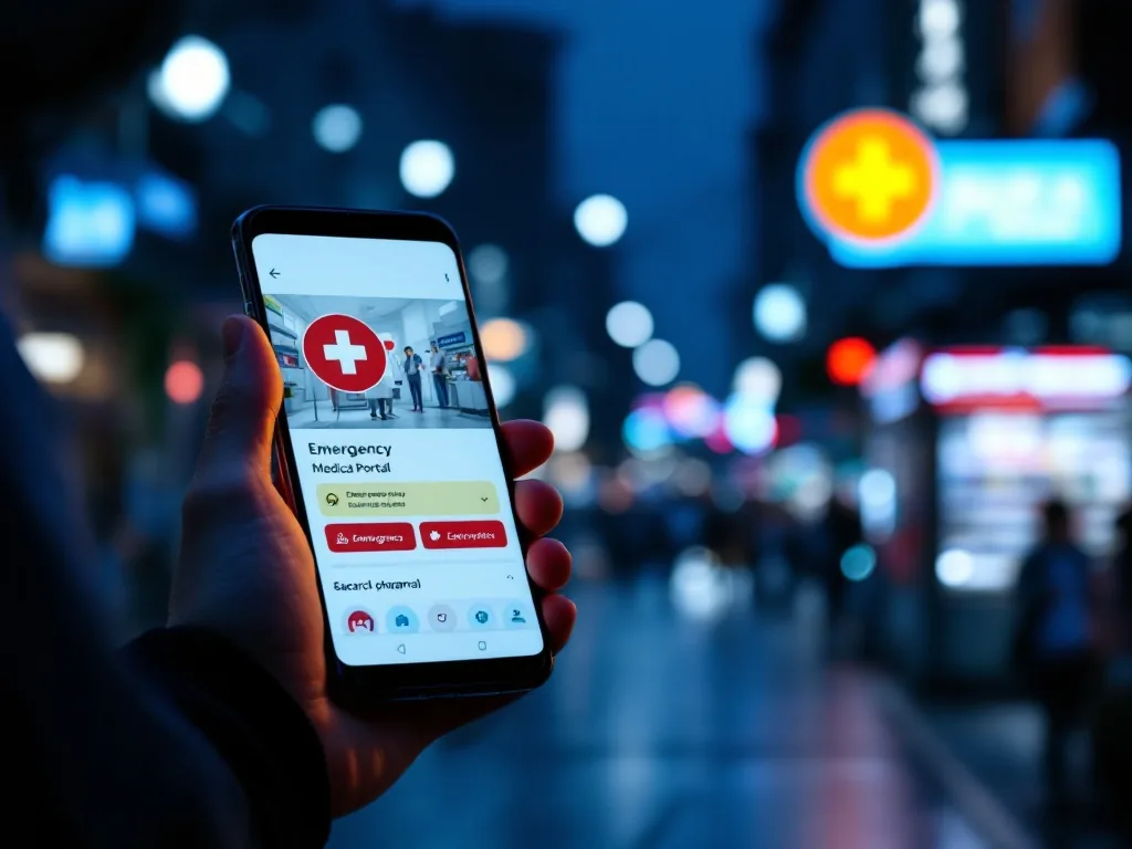 Korean emergency medical portal search on smartphone at night with pharmacy cross sign