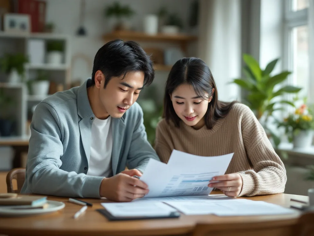 Korean family checking medical bills and tax documents at home table