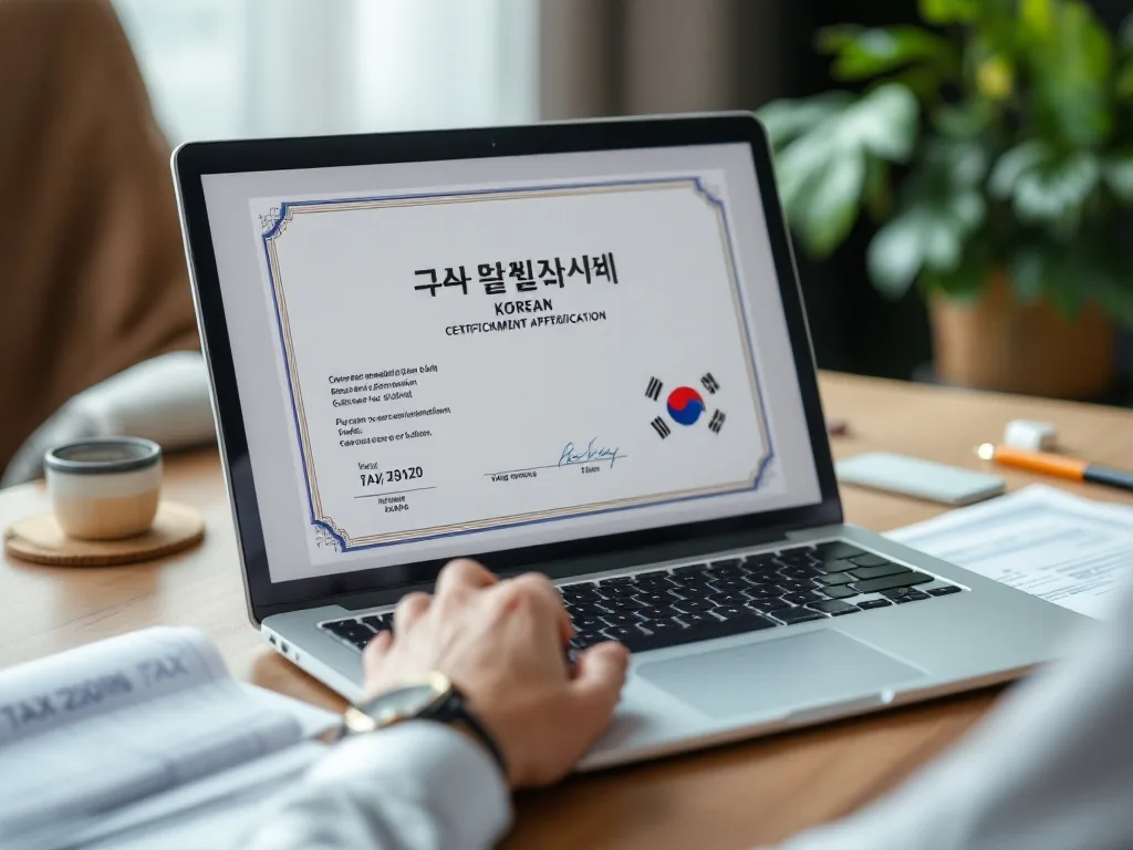 Korean government certificate application on laptop with tax documents