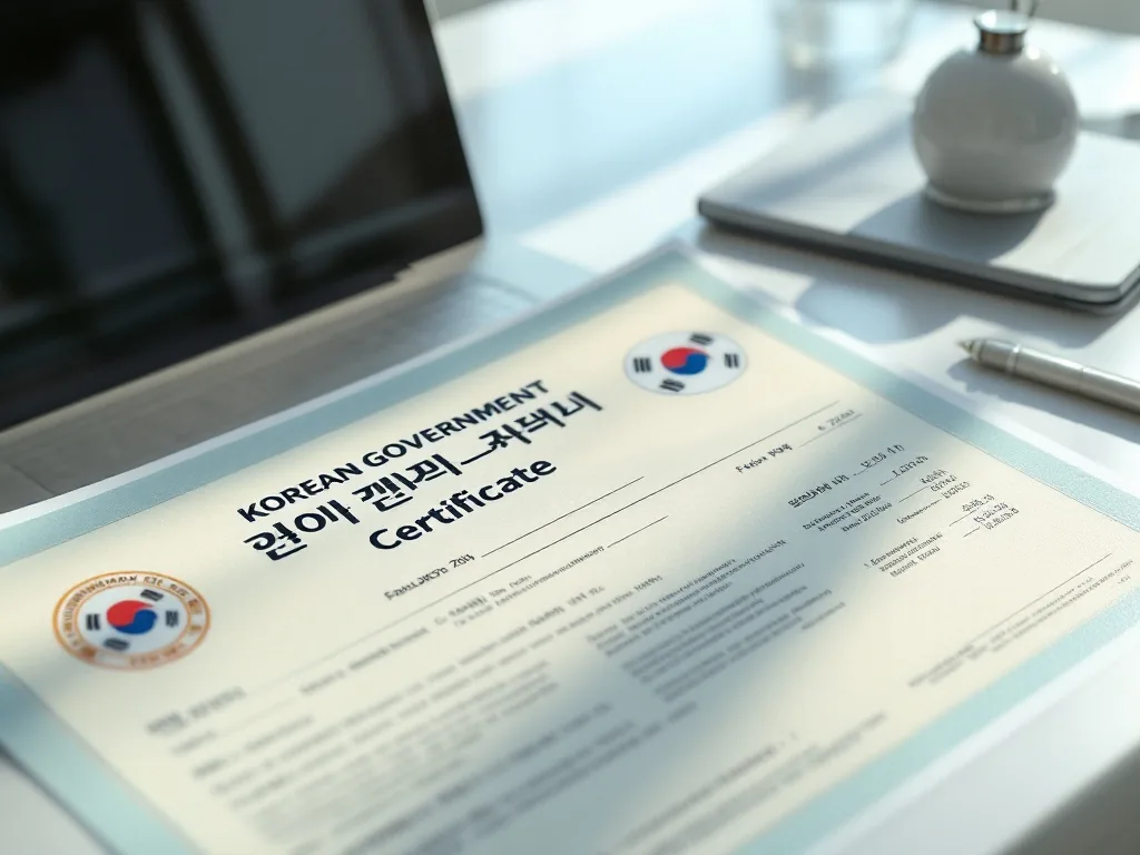 Korean government certificate documents on a clean desk with laptop, soft daylight, no readable personal data