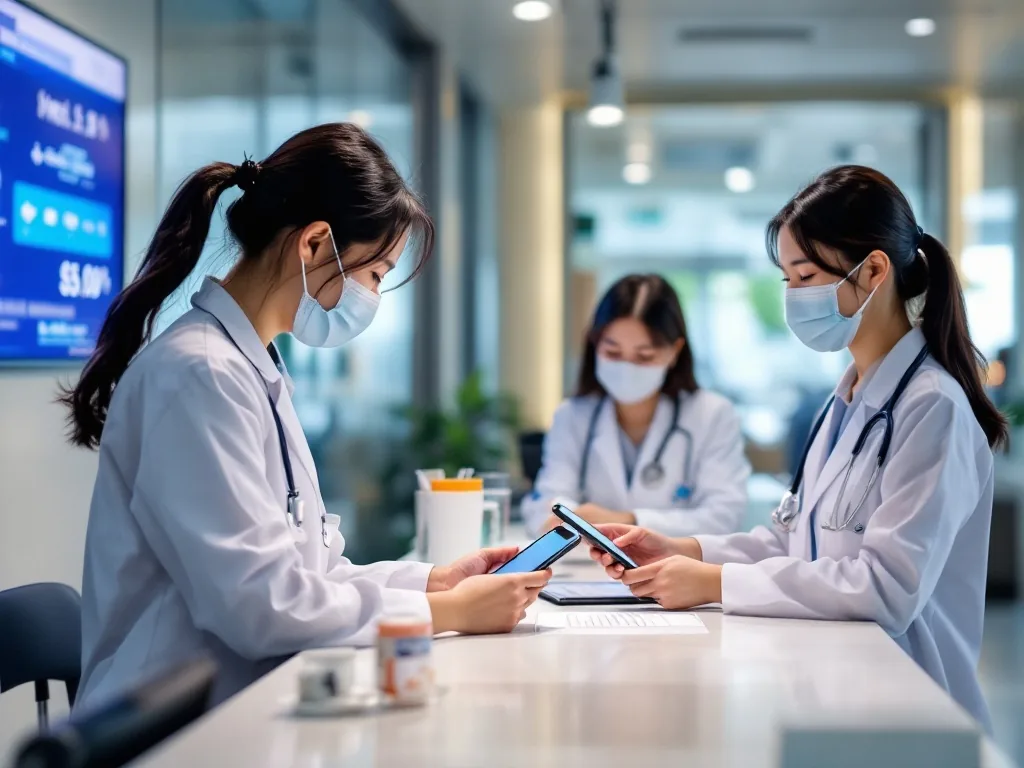 Korean hospital reception desk patient checking smartphone health insurance app