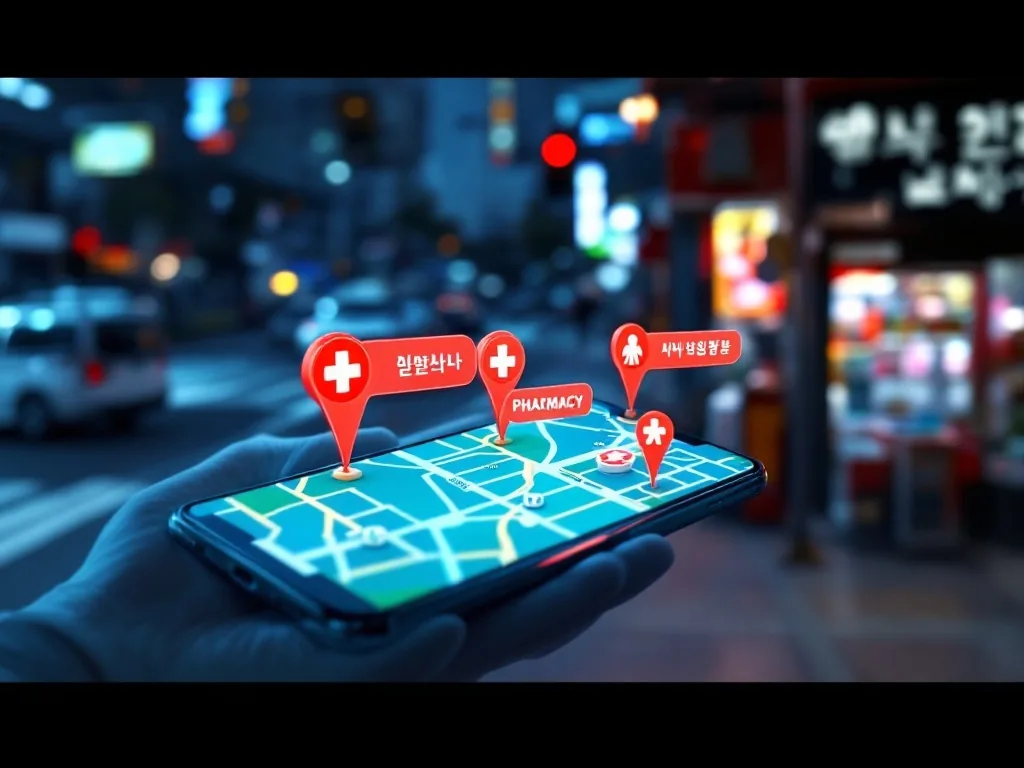 Korean mobile app map showing nearby night clinic and pharmacy icons