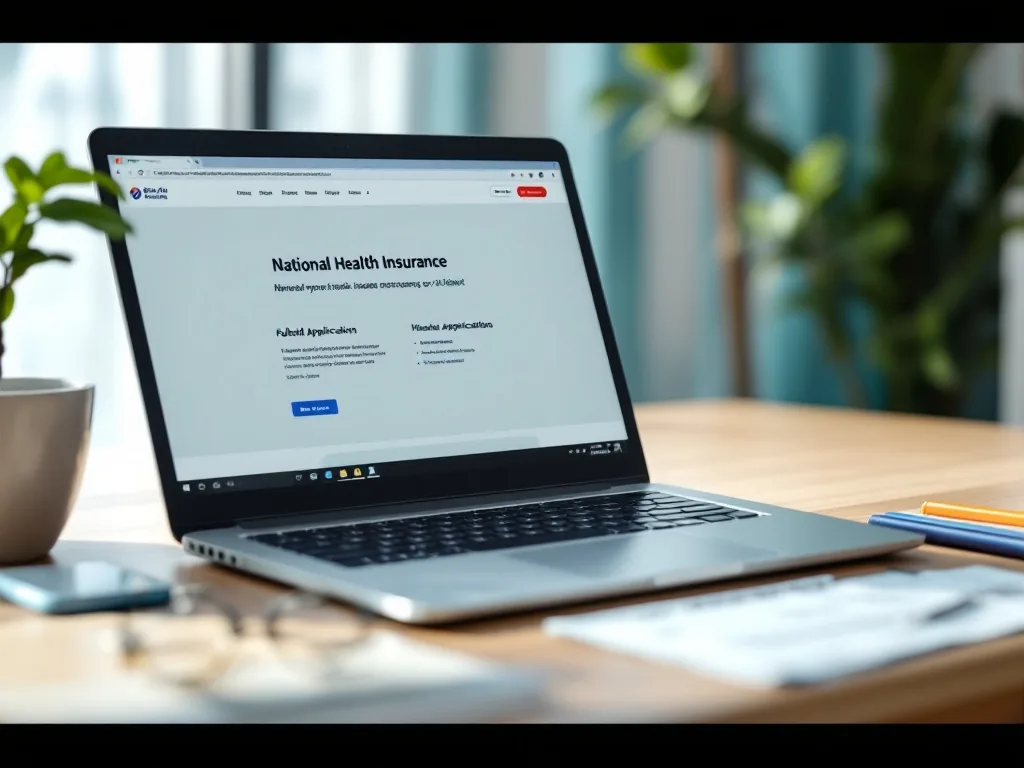 Korean national health insurance website on laptop, refund application documents, bright desk