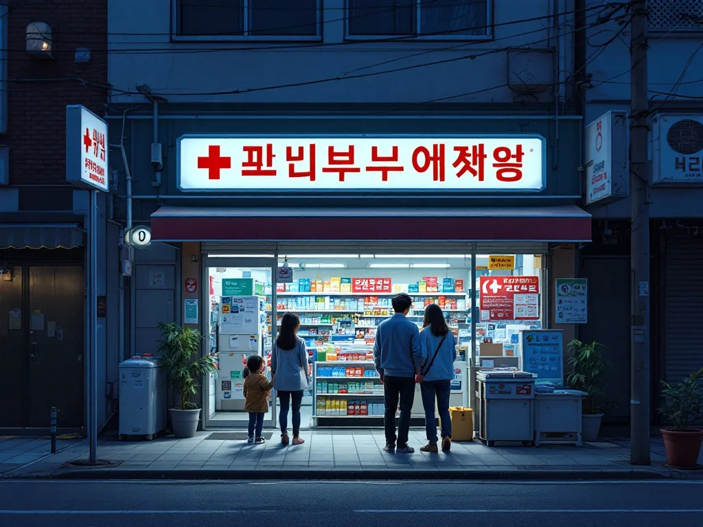 Korean neighborhood pharmacy open at night with emergency sign and family waiting outside