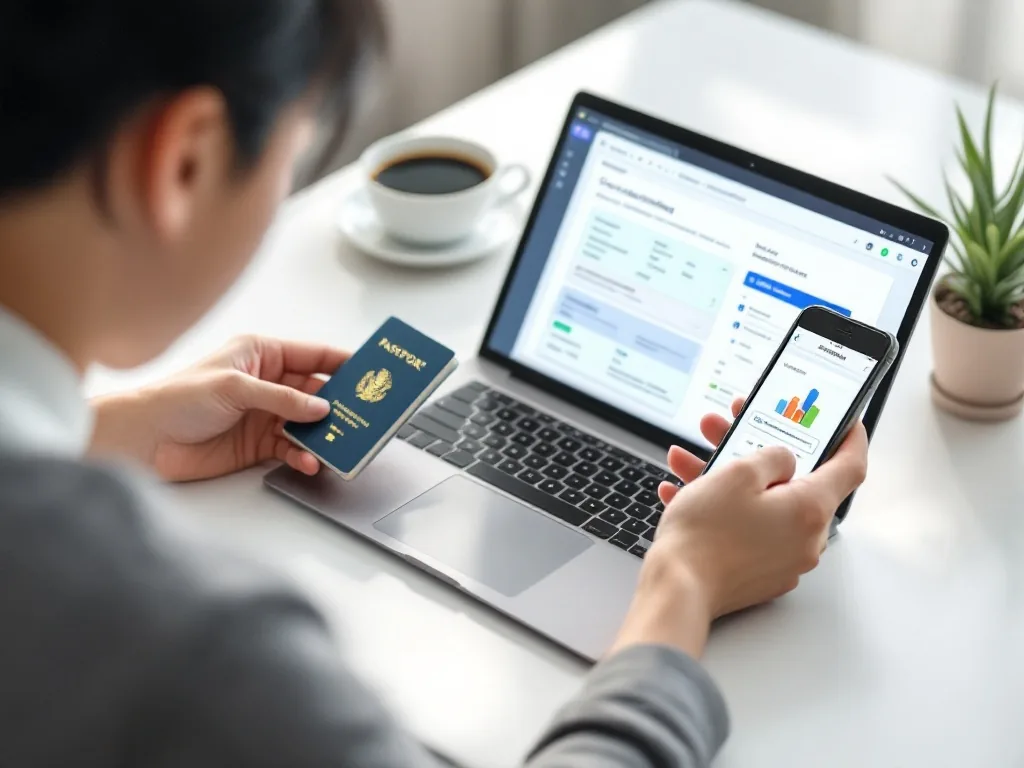 Korean parent checking child vaccination certificate application on laptop with passport and smartphone authentication, clean bright desk, no readable text