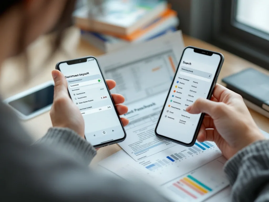 Korean person reviewing old bank passbook and smartphone dormant deposit search