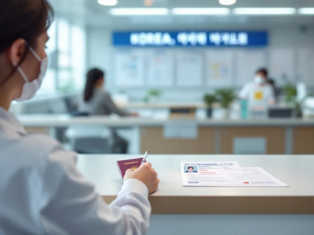 Korean public health center counter with vaccination certificate form, ID card and passport on desk, bright administrative photo, no readable text