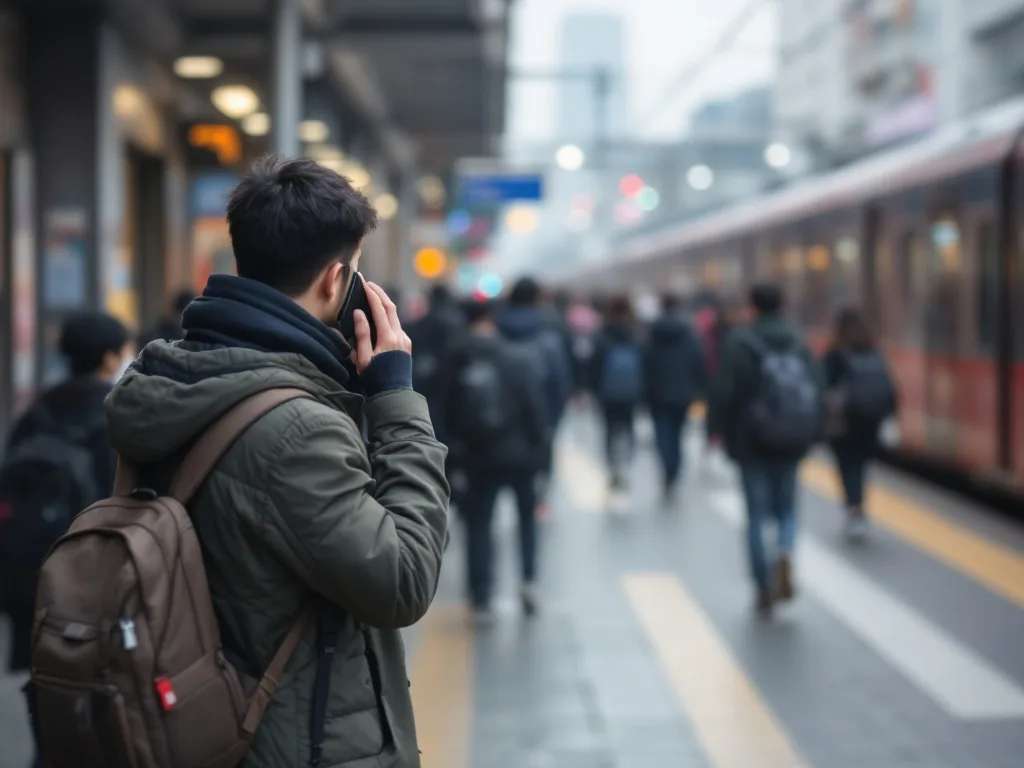 Korean public street near train station with blurred commuters keeping distance while one person calls emergency services, realistic safety guide photo