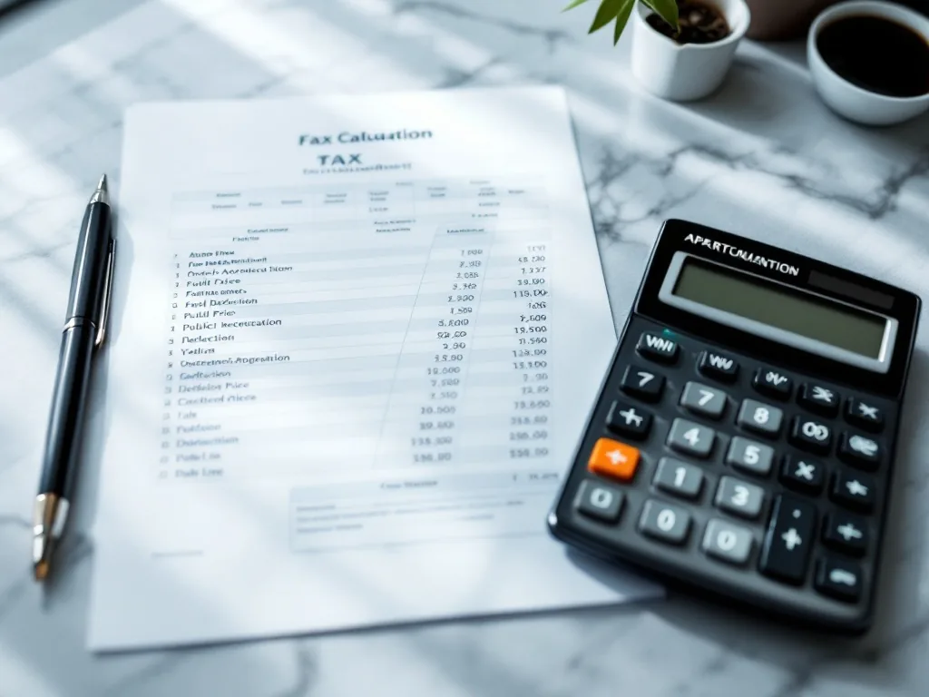 Korean tax calculation worksheet showing apartment public price deduction and calculator on clean desk, realistic editorial photo no text