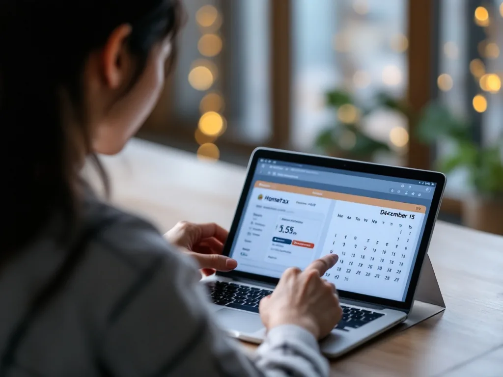 Korean taxpayer checking Hometax tax payment screen with apartment documents and calendar marked December 15, realistic editorial photo no text