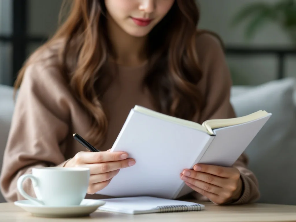 Korean woman checking stomach pain diary and coffee cup