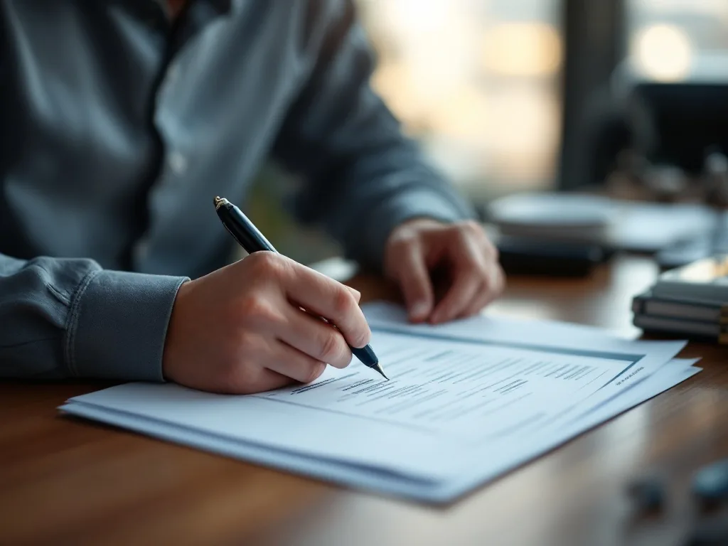 Korean worker checking pension certificate application with employment documents on desk