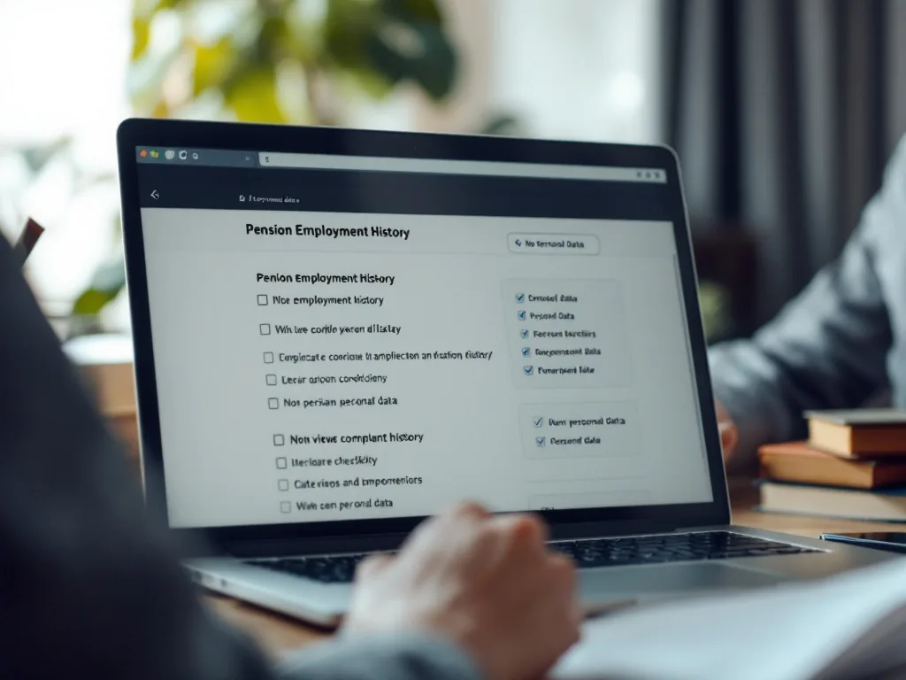 laptop screen with pension employment history options and printed checklist, no personal data