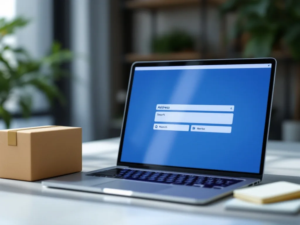 laptop showing address search form beside parcel box and memo note, no readable private data, realistic bright desk | 공식 주소검색 전 한글 주소 준비