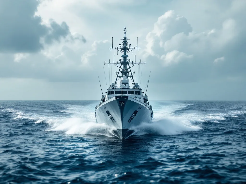 naval patrol vessel crossing narrow sea lane with no national flag