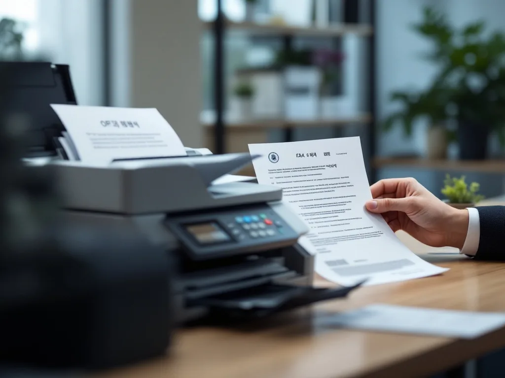 office printer and fax machine sending official document, clean Korean workplace setting