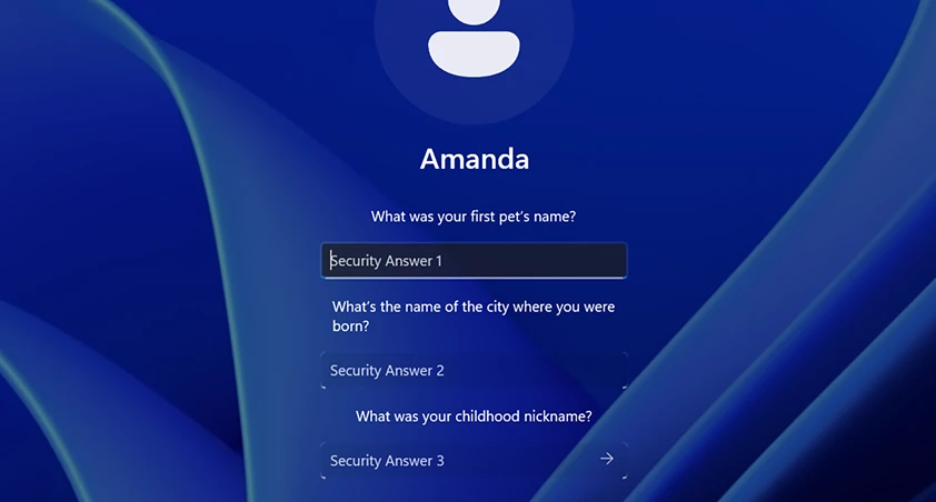 Windows 로컬 계정 보안 질문 입력 화면