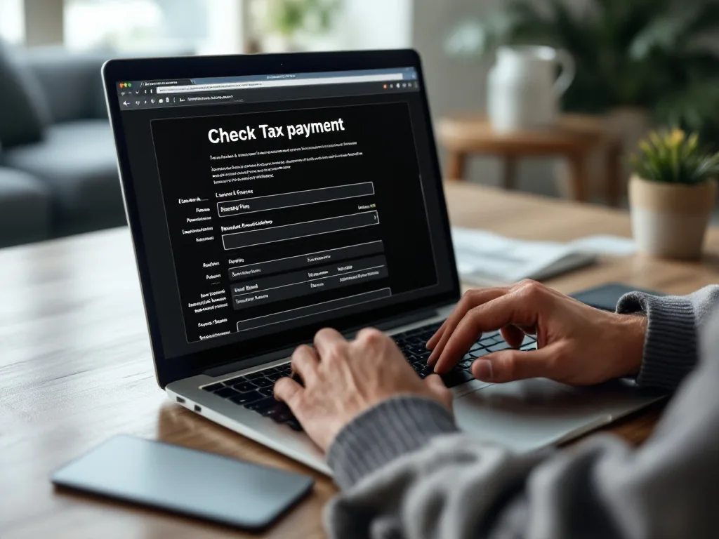 over the shoulder view of a person checking local tax payment on a laptop at home, hands only, no readable screen text