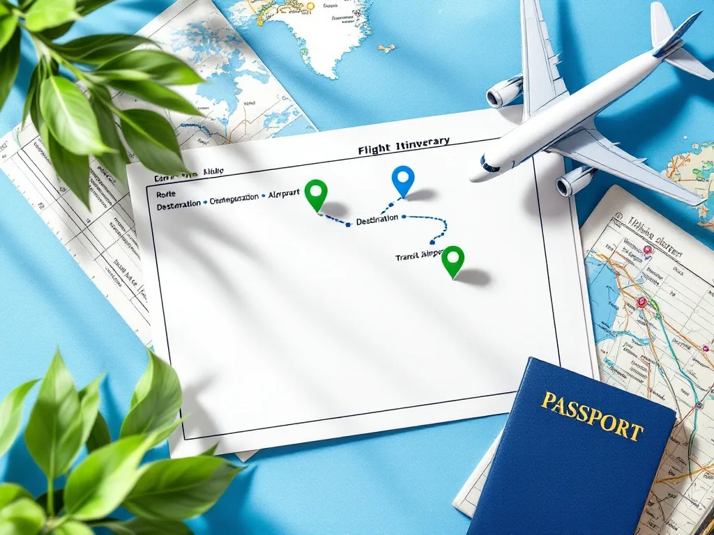 overhead blank flight itinerary with two route pins for destination and transit airport, small model airplane and generic passport booklet, bright daylight, no logos, no readable text, editorial travel photography