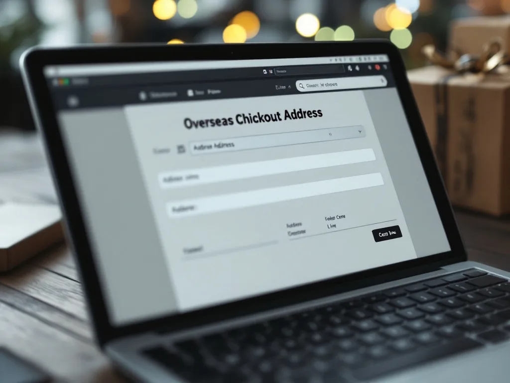overseas checkout address form with highlighted address line fields, parcel and keyboard, realistic no brand logos | Address Line 입력칸 확인