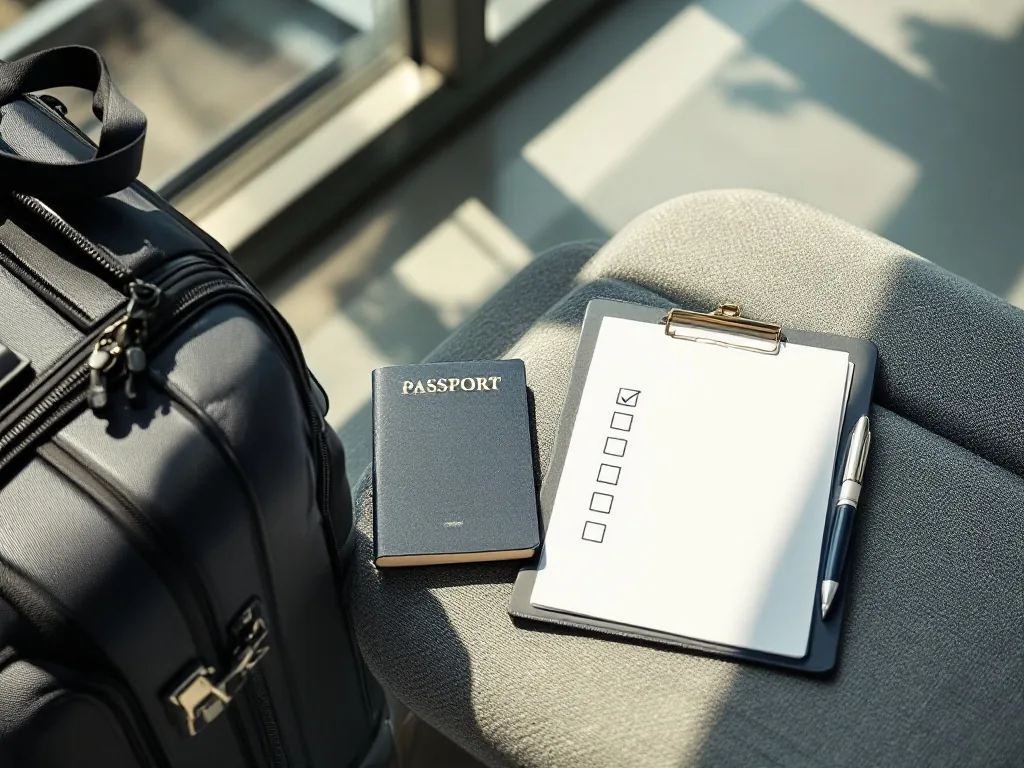 packed carry-on suitcase beside a generic passport booklet and completed blank checklist on a bright entryway bench, calm pre-departure mood, soft morning light, no face, no logo, no readable text, editorial travel photography