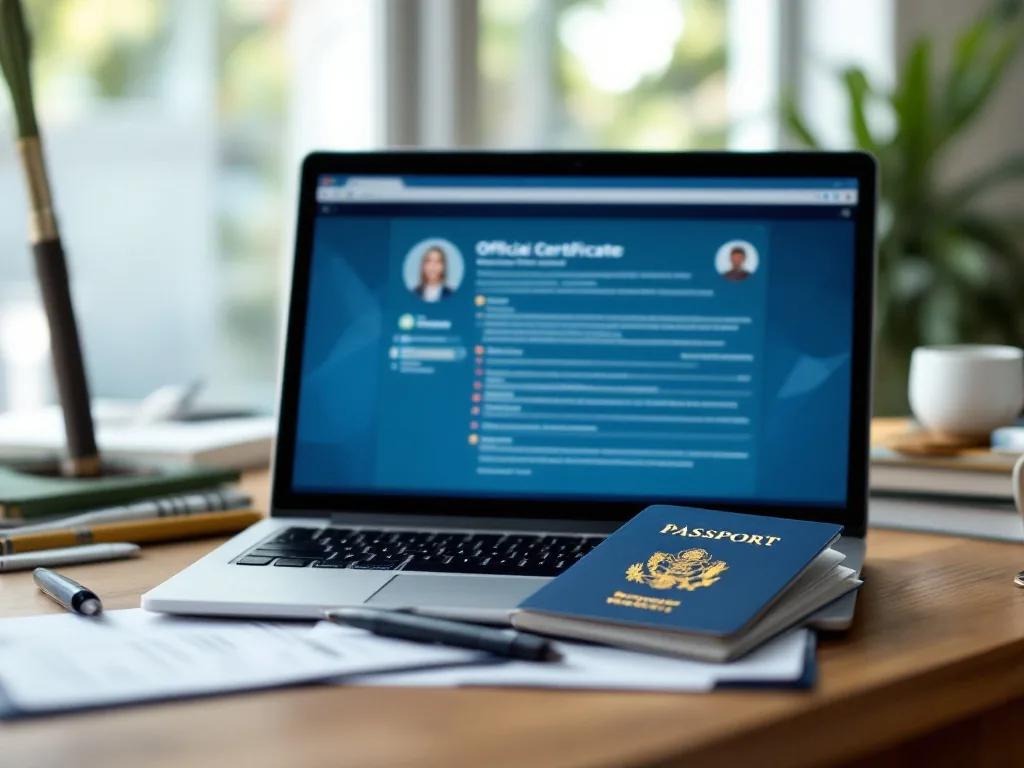passport and official certificate folder on home desk, laptop open to abstract application screen, no readable text