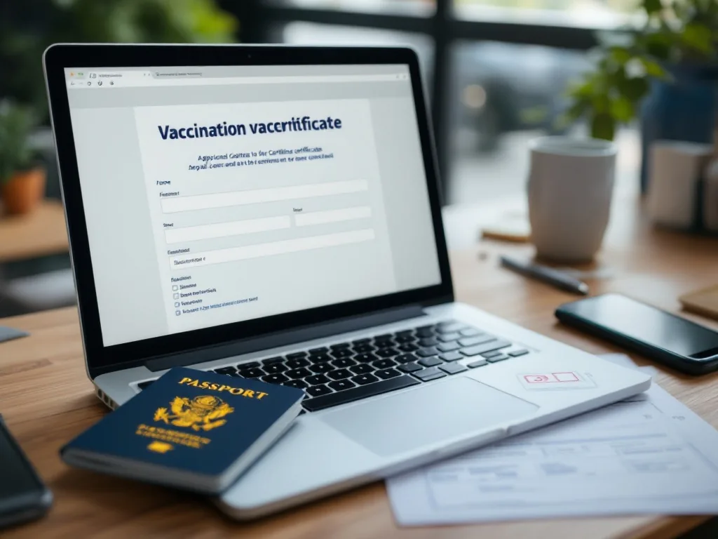passport beside English vaccination certificate application form on laptop and smartphone verification screen, clean travel document desk, no readable text