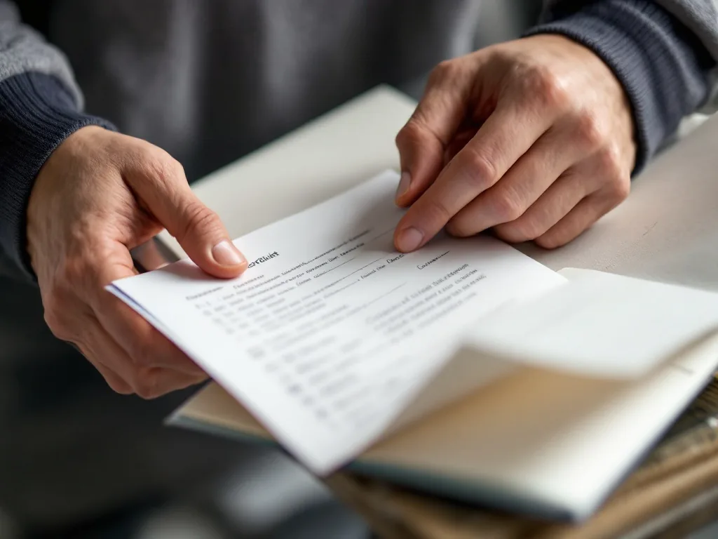person checking checklist beside government certificate envelope, hands only, bright neutral photo