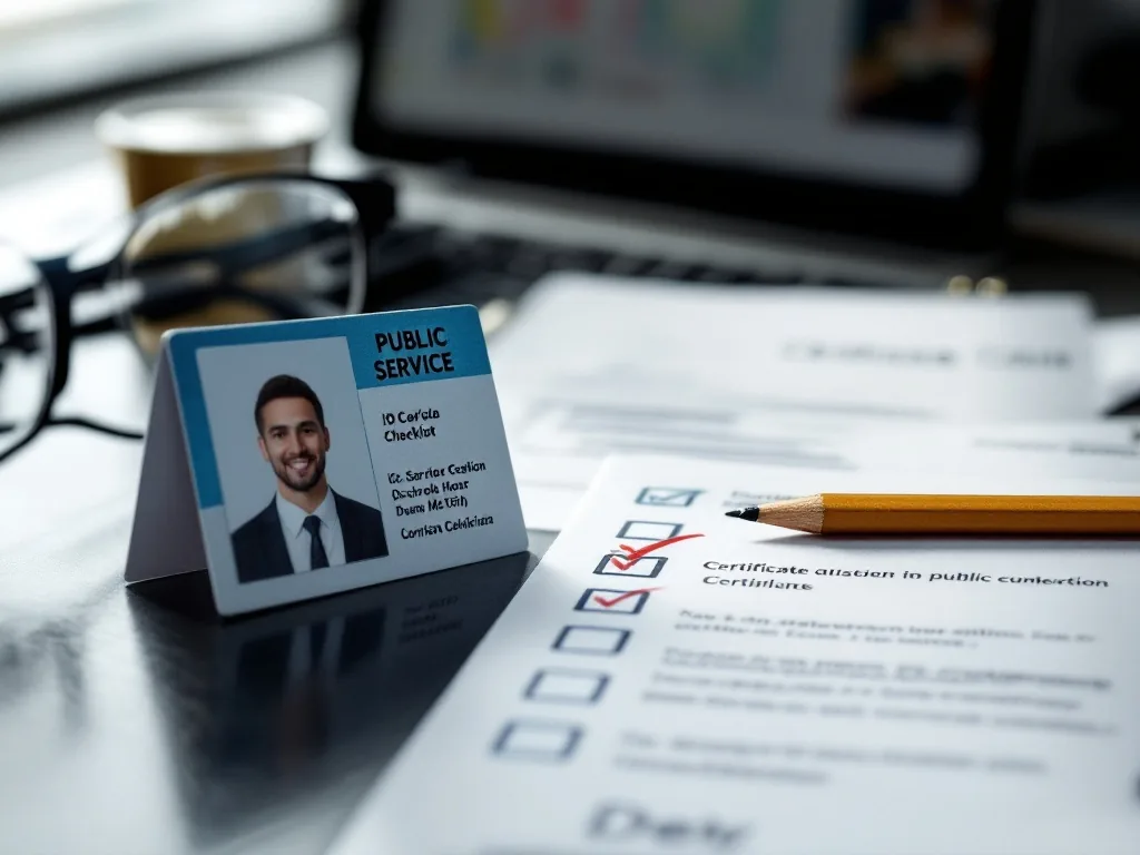 public service ID card and certificate checklist on desk