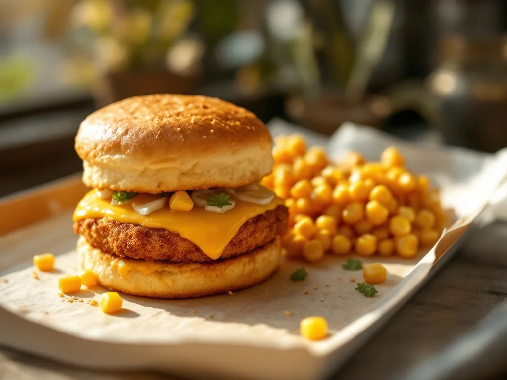 realistic breakfast corn cheese croquette muffin and hash brown on a clean fast food tray, early morning sunlight, editorial food photo, no logo, no text