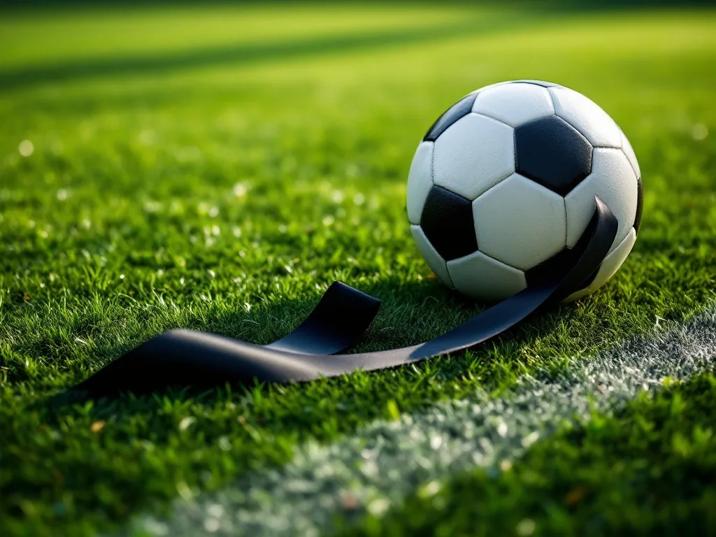 respectful football pitch with single ball and black ribbon
