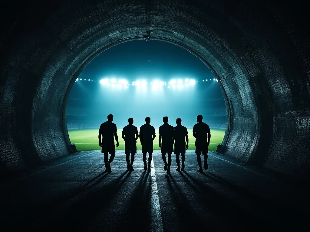 soccer players from behind walking into a stadium tunnel toward bright field lights, back view no faces visible, moody atmosphere, editorial sports photography