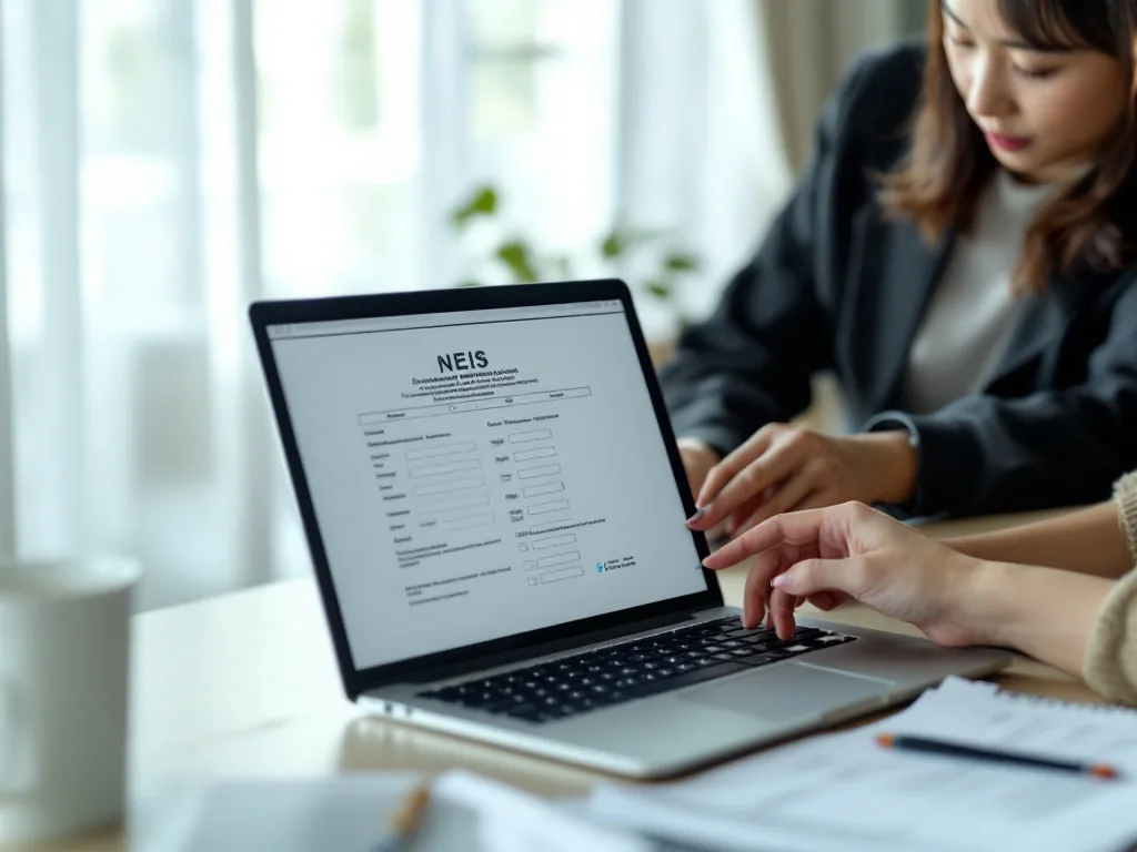 student and parent comparing government certificate page and NEIS application page on laptop, school documents on table, realistic Korean home scene no text