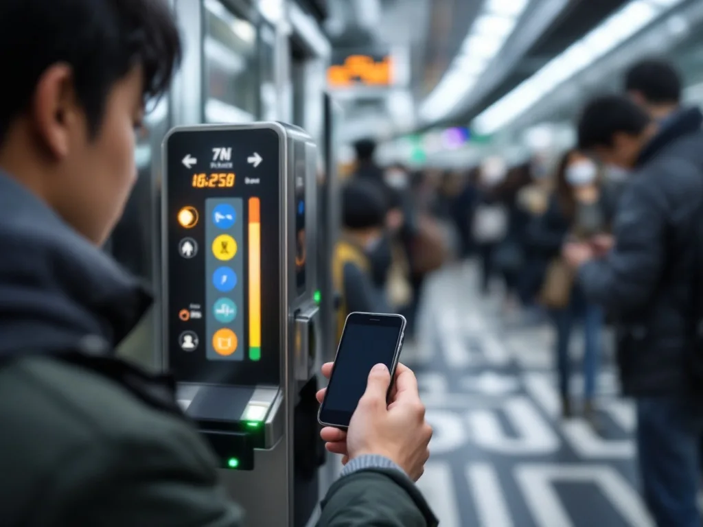 subway fare gate with smartphone transit payment and commuting crowd in Korea