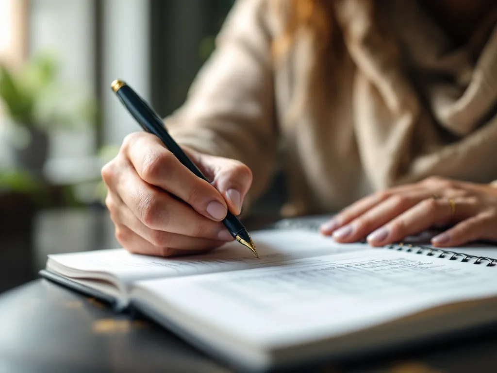 woman writing private healthcare questions notebook symbolic