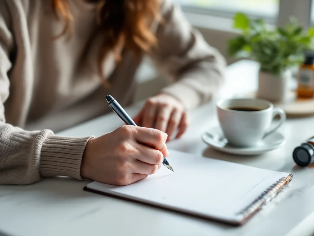 adult writing symptom diary with coffee cup and medication bottle on a clean desk, natural light, health self-check concept, no readable text
