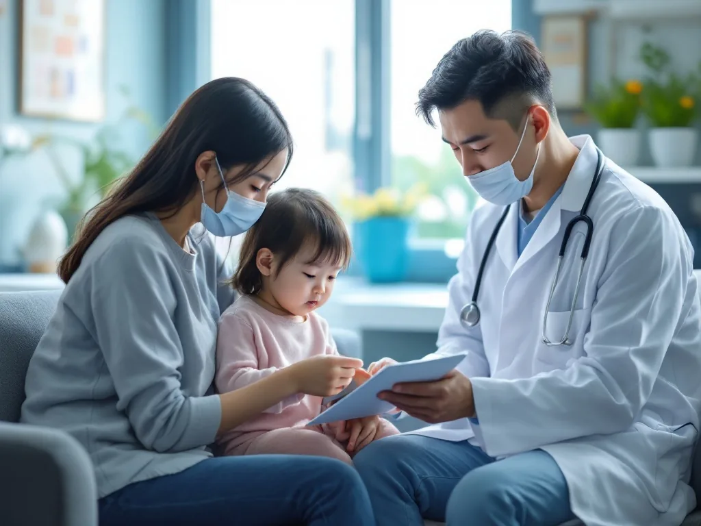 caring parent and pediatric doctor reviewing symptom checklist in bright Korean clinic, realistic editorial photograph, no logos, no text