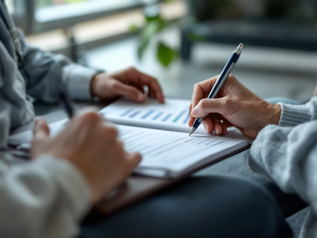 close-up of adult hands resting beside a health checklist notebook in a quiet clinic waiting room, editorial photography, no celebrity face, no text