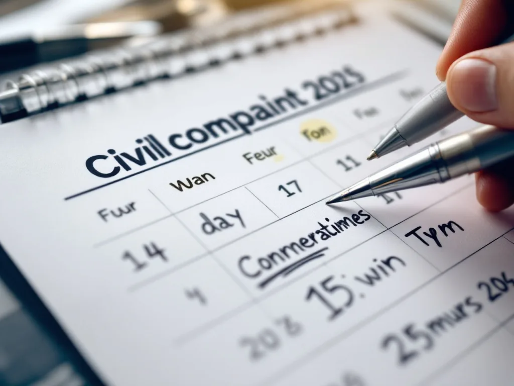 close-up of calendar with weekdays highlighted, civil complaint tracking memo, pen and smartphone notification, realistic photo