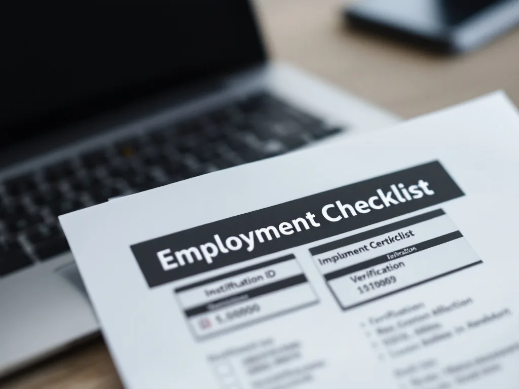 close up of employment checklist with institution ID and verification number beside laptop police certificate system, no real numbers | 기관 아이디와 검증번호를 채용 담당자 안내와 대조하는 장면 | 다른 기관의 번호를 쓰면 발급동의가 진행되지 않을 수 있습니다