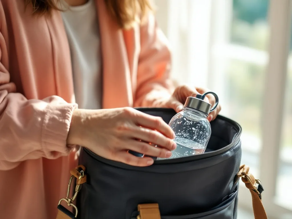close-up of hands placing a compact UV sun umbrella and a water bottle into a summer bag, bright clean indoor light, realistic photo