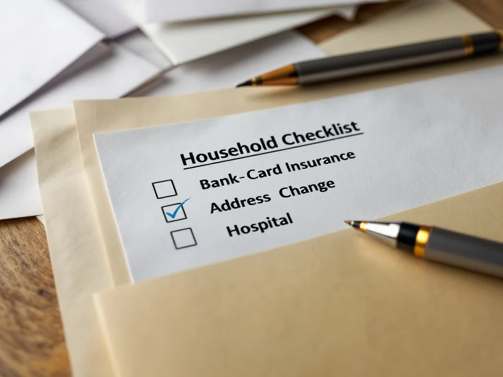 close-up of household checklist with bank, card, insurance and hospital address change items after moving, letters on table | 우편물 전송 후 개별 주소 변경 체크 | 은행·카드·보험 주소 변경을 따로 정리하는 장면