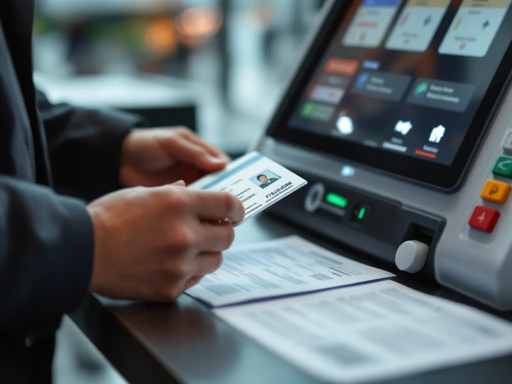 close view of hands preparing ID card and printed civil documents near self service kiosk, realistic public office photo, no readable text