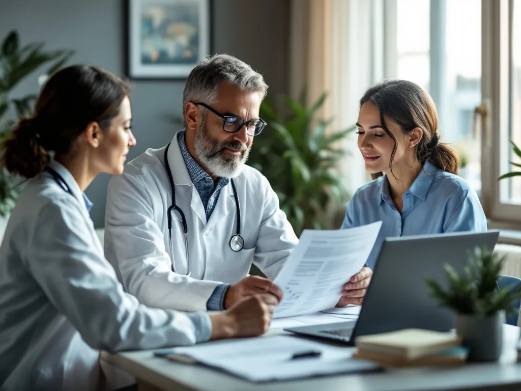 doctor reviewing English medical report with international patient, calm consultation room, laptop and printed results on desk, realistic healthcare editorial photo, no readable text
