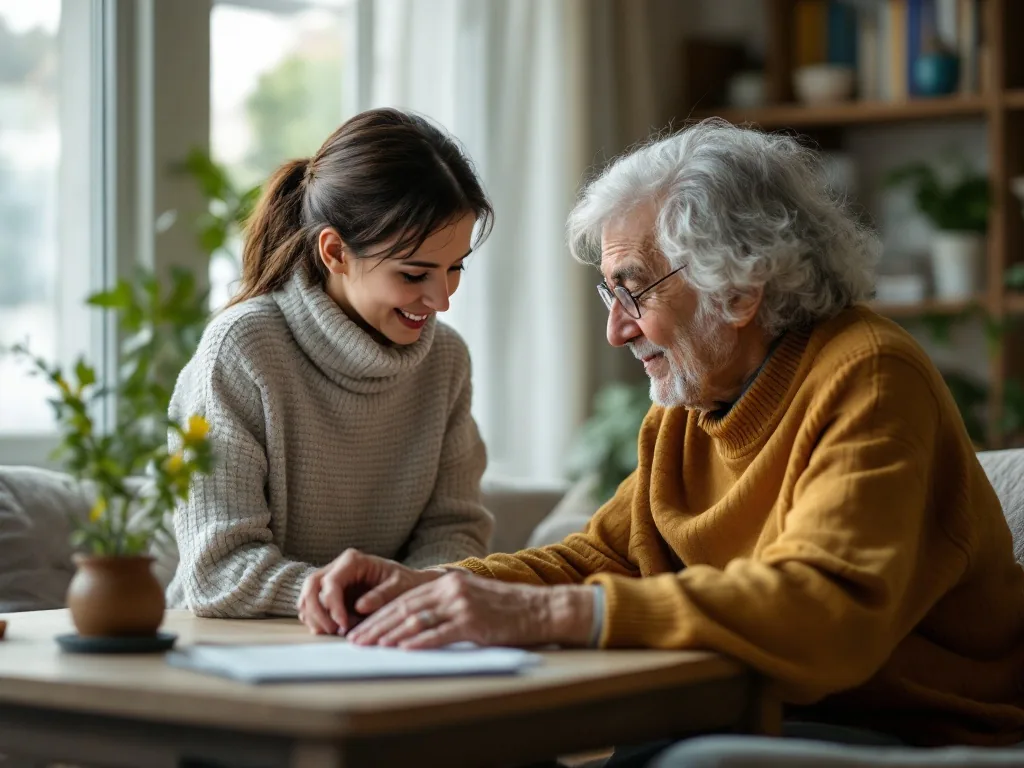 family member helping elder check government website without handling private password | 인감증명서 통보 서비스 대리신청 주의 | 온라인 신청 전 본인 인증 조건을 확인하는 장면
