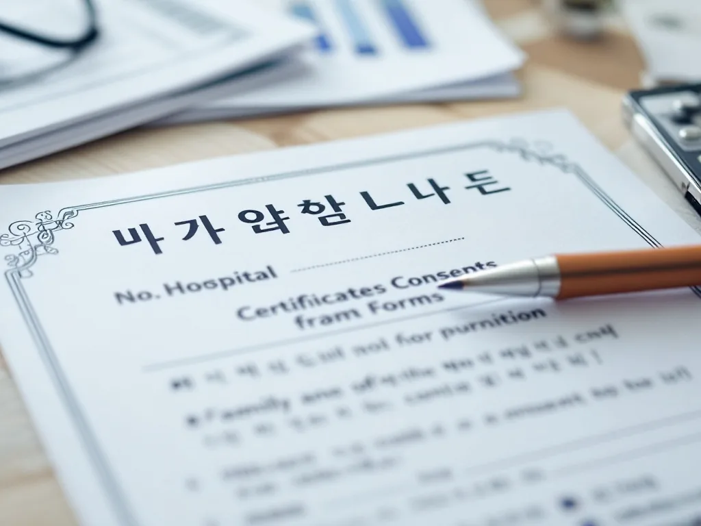 family member organizing relationship certificate consent form and hospital documents on desk, realistic Korean healthcare paperwork photo, no readable text