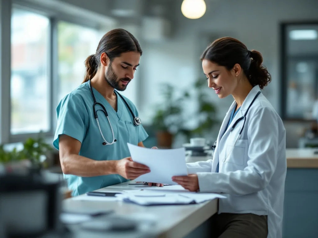 hospital staff reviewing medical record copy request documents with visitor at counter, realistic documentary healthcare scene, no readable text
